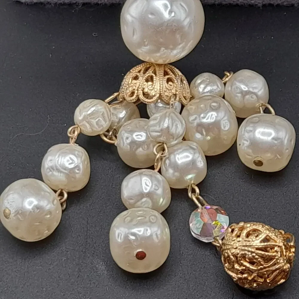 Vintage Faux Pearl Tassel Necklace, Aurora Borealis Crystals, 26